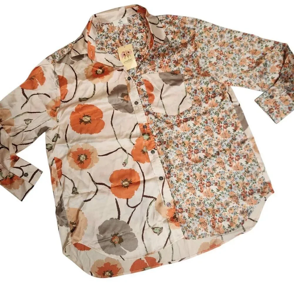 Entro‎ Satin Top Blouse Womens Small Oversized Satin Floral Boho Tunic New